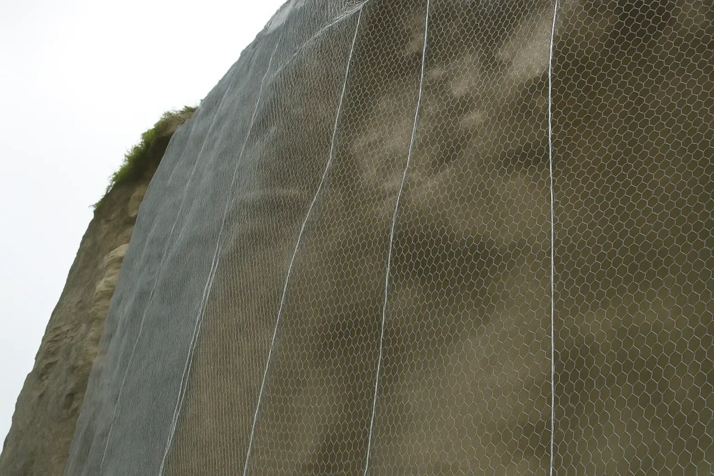 Rockfall protection mesh installed for slope stabilization and erosion control